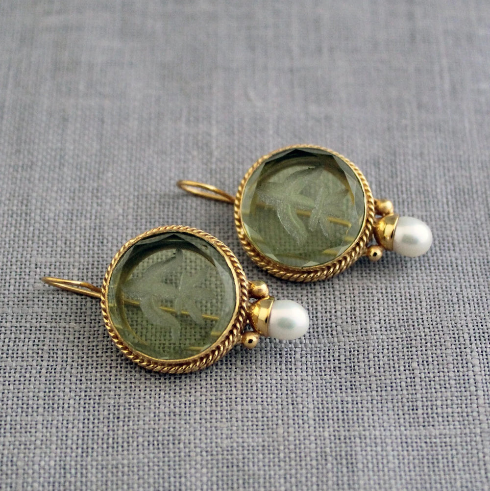 Penelope - Vintage Rounded Green Stone Pearl Earrings